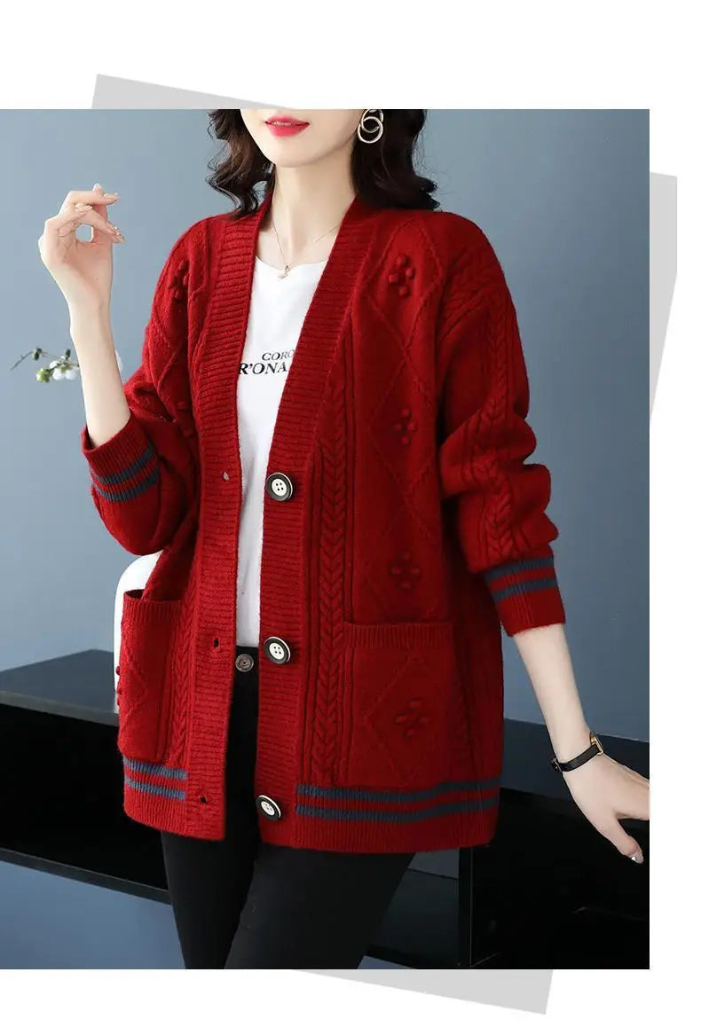 អាវក្រៅ Cardigan សម្រាប់នារី ម៉ូដអាវប៉ាក់រលុង អាវធំប៊ូតុងហោប៉ៅ អាវម្តាយវ័យកណ្តាល អាវធំសម្រាប់នារី រដូវស្លឹកឈើជ្រុះ រដូវរងា