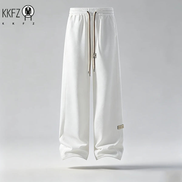 Men Comfort Loose Straight Waffle Trousers Elastic Waistband Drawstring Design Tag Decor Male Street Daily Wear Pants