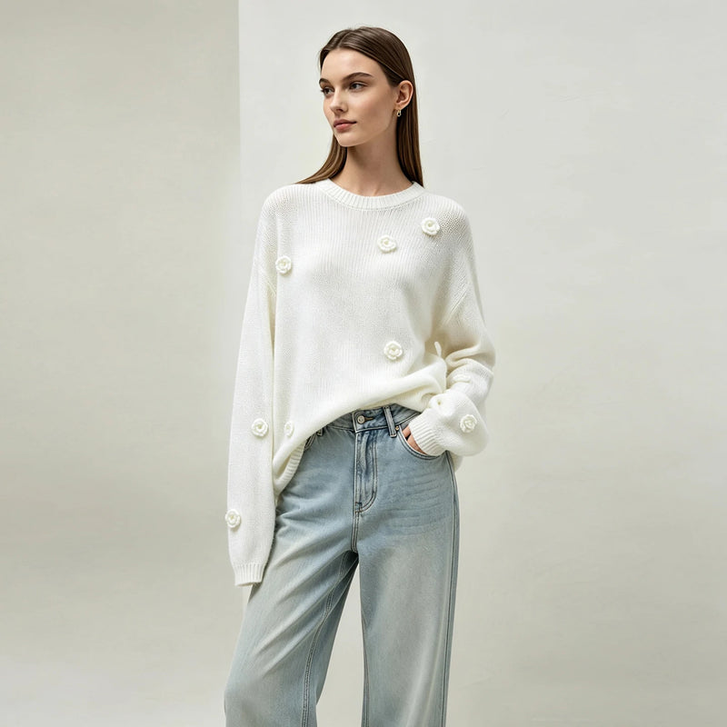 Amii Women's Crew Neck Autumn Sweater Drop Shoulder Long Sleeve Rose Casual Pullover Loose Knit Tops Female Clothing 12623037