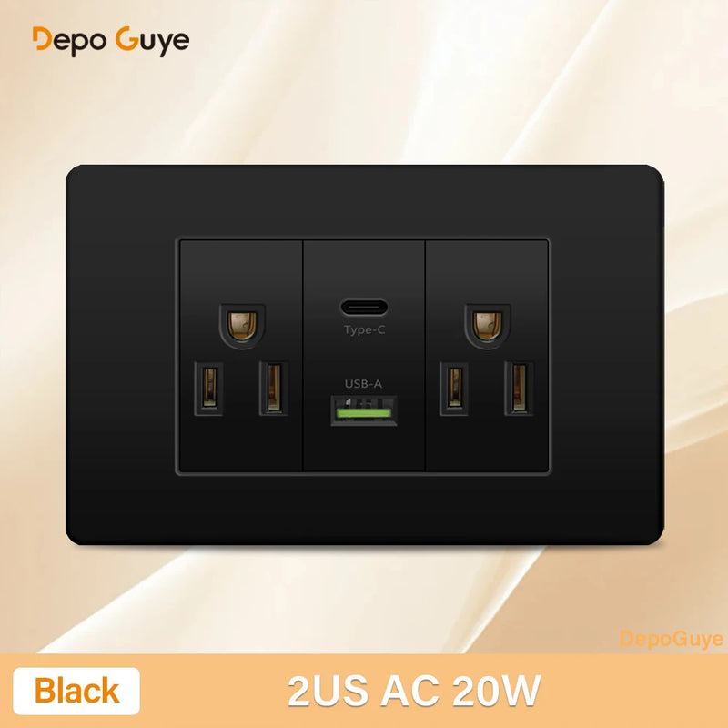 Italy Chile Mexico Outlet with USB Smart Type-c 20W Fast Charging Wall plug,Brazil Electric Light Switch Dual usb Power Socket