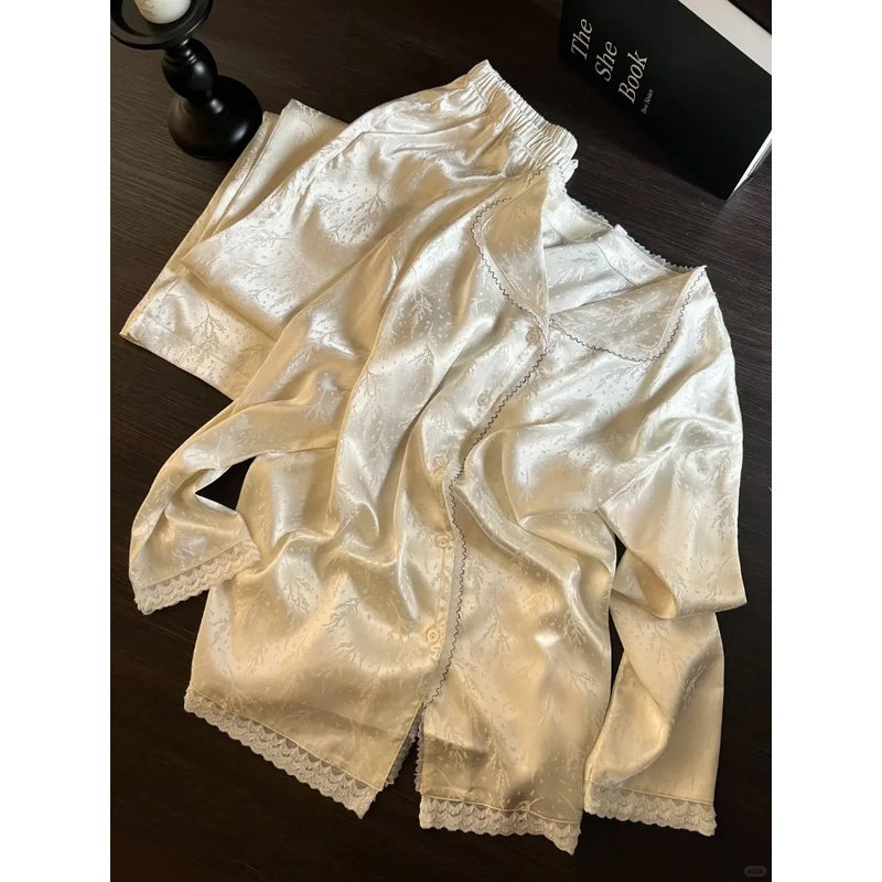 Ice Silk Women's Home Clothes Thin Two Piece Loungewear Spring Autumn Long Sleeve Sleepwear Nightwear Pijamas for Lady Pyjamas