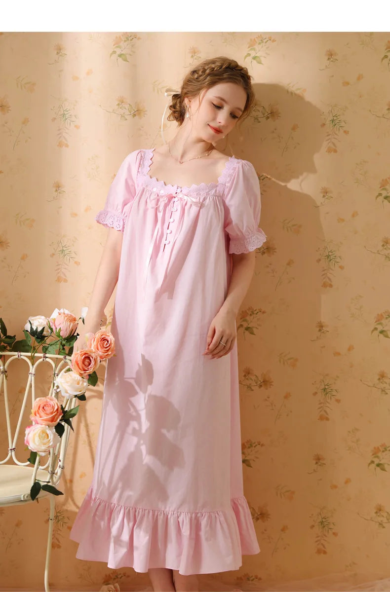 Princess Women Sleepwear One Piece Dress Summer Short Sleeve Pure Cotton Pajamas Dress Night Wear For Ladies Women's Nightgown