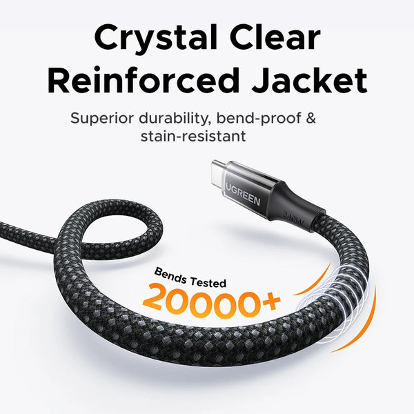 ខ្សែសាក UGREEN PD3.1 240W USB C Braided 5A សាកលឿនសម្រាប់កុំព្យូទ័រយួរដៃ MacBook Dell iPhone 18/17 Samsung 480Mbps Data Cord