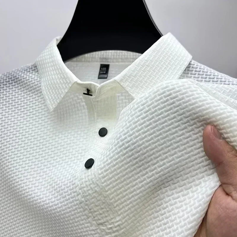 【High-quality】Asian Sizes Summer New Men's Lop-up Hollow Short-sleeved Polo Shirt Ice Silk Business Casual Sweat-absorbing Top