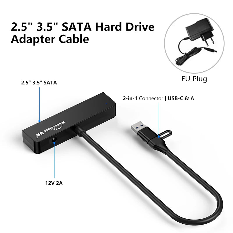 អាដាប់ទ័រ USB 3.0 ទៅ SATA III របស់ Blueendless សម្រាប់ឧបករណ៍បម្លែង USB-A ប្រភេទ C សម្រាប់ខ្សែផ្ទេរទិន្នន័យដ្រាយវ៍រឹងខាងក្រៅ SSD ទំហំ 2.5 អ៊ីញ 3.5 អ៊ីញ