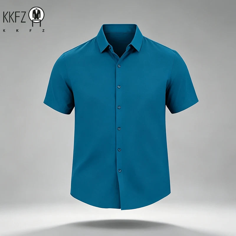 Summer Male Lapel Short Sleeve Dress Shirt Single Breasted Soft Stretch Cloth Outdoor Travel Daily Commute Formal Top