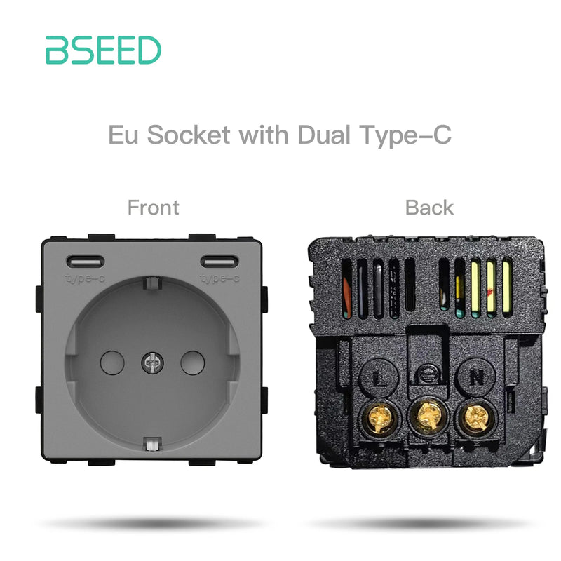 BSEED EU Standard Wall Power Socket USB Outlet Without Glass Panel DIY Function Parts Type-C Charge Port Part 110-250V 16A