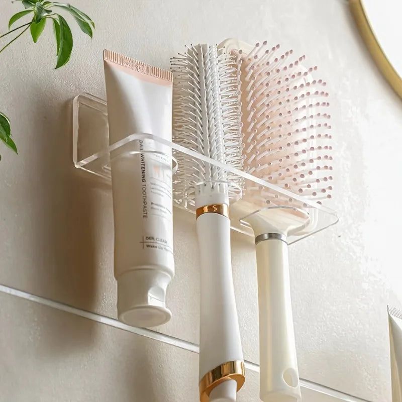 1pc Transparent Plastic Bathroom Organizer Rack, Wall-Mounted No-Drill Storage Rack for Hair Brush. Bathroom Accessori.