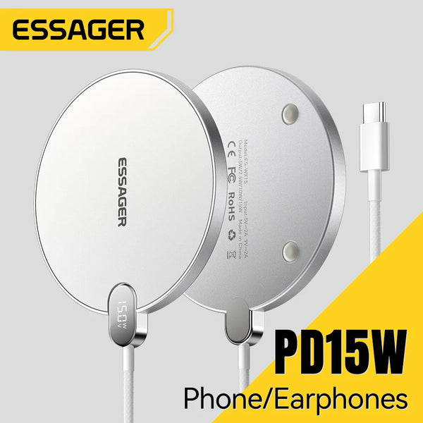 ឆ្នាំងសាកឥតខ្សែ Essager 15W អេក្រង់ LED ឌីជីថល បន្ទះសាកថ្មឥតខ្សែលឿន សម្រាប់ iPhone 16 15 14 Pro Max Samsung 23 Xiaomi Huawei