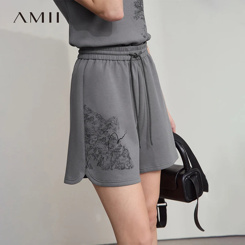 AMII Minimalist Casual Shorts for Women 2026 Summer Print Sports Style Short Pants Female Knitting Straight Pant Woman 12522004