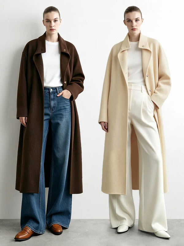 Amii Women's Double-Faced Wool Long Coat Stand Collar Belted Commuter Minimalist Women Winter Long Coats 12624099