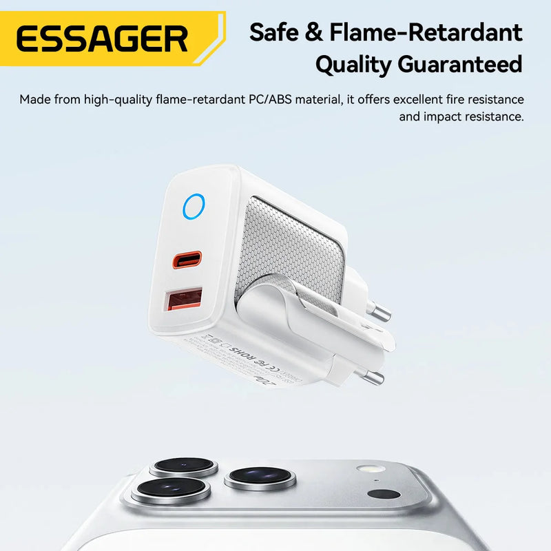 ឧបករណ៍សាកថ្មលឿន Essager PD 20W USB Type C សាកលឿន 4.0 3.0 QC PD សម្រាប់ iPhone 17 16 15 14 13 12 Pro Max ឆ្នាំងសាកទូរស័ព្ទ