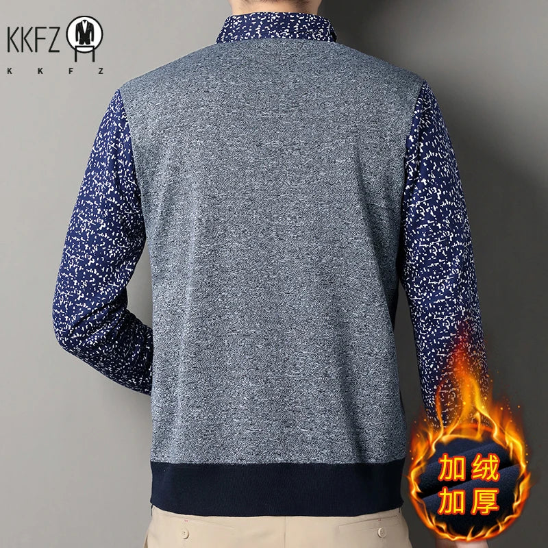 Men Thermal Knit Sweatshirt Faux Layered Style Printed Lapel Collar Fleece Inside Leisure Long Sleeve Pullover