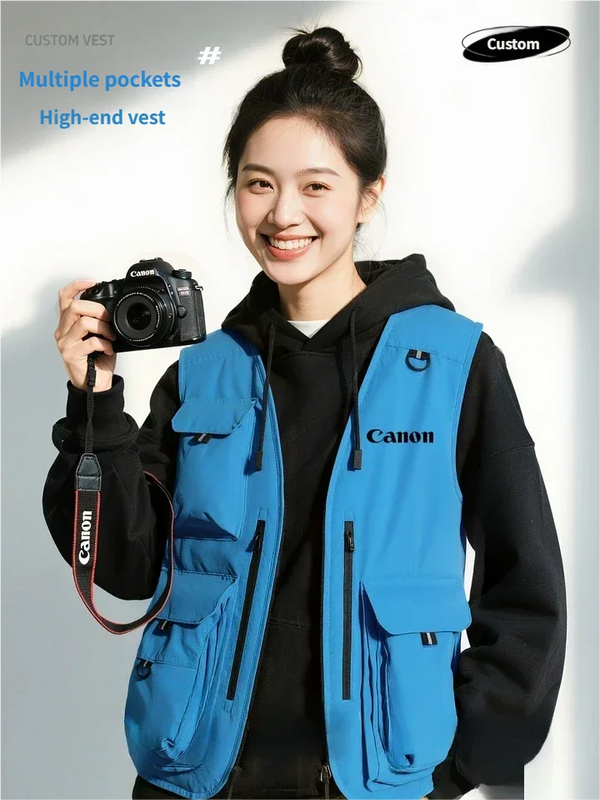 Men's and women's same style photography Reporter multi-pocket deep V-neck vest solid color  work clothes team logo uniform