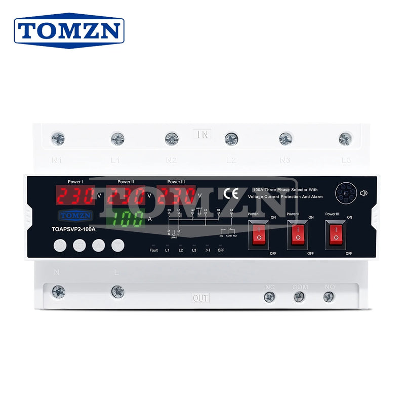 TOMZN TOAPSVP2-100A 100A 3-Phase Selector Voltage Current Relay Protection Alarm Display Cut Off L N NO NC 3 In 1 Out