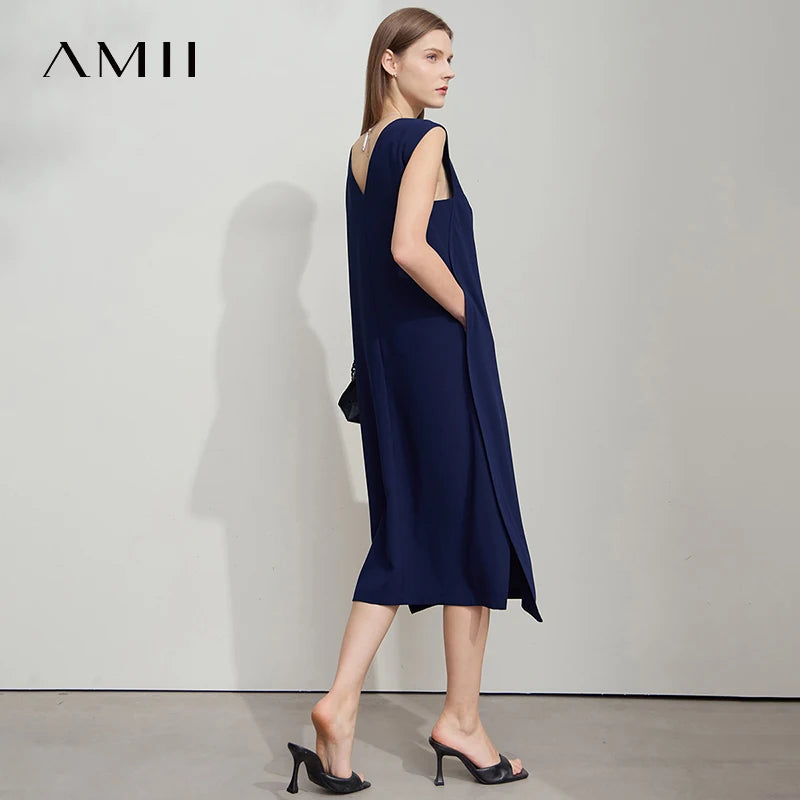 AMII Minimalist Office Lady Dress Women Summer 2026 Sleeveless Solid A-line Female Fashion Loose Chiffon Dresses 12522075