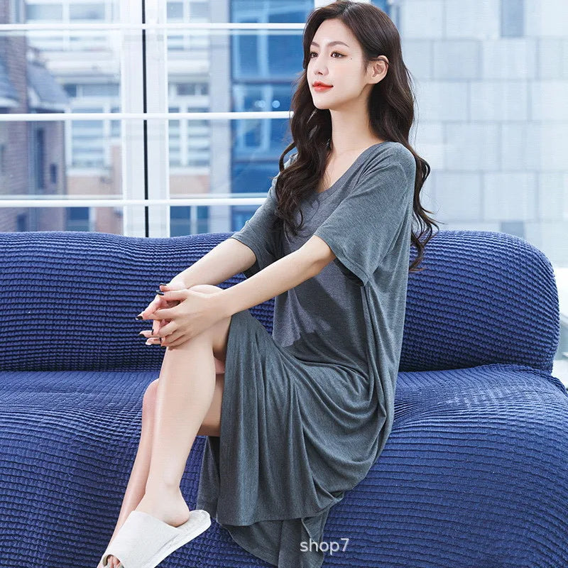 Loose Night Dress Women New V Neck Short Sleeve Sleepshirt Modal Comfortable Long Nightdress Oversize Nightgowns Female