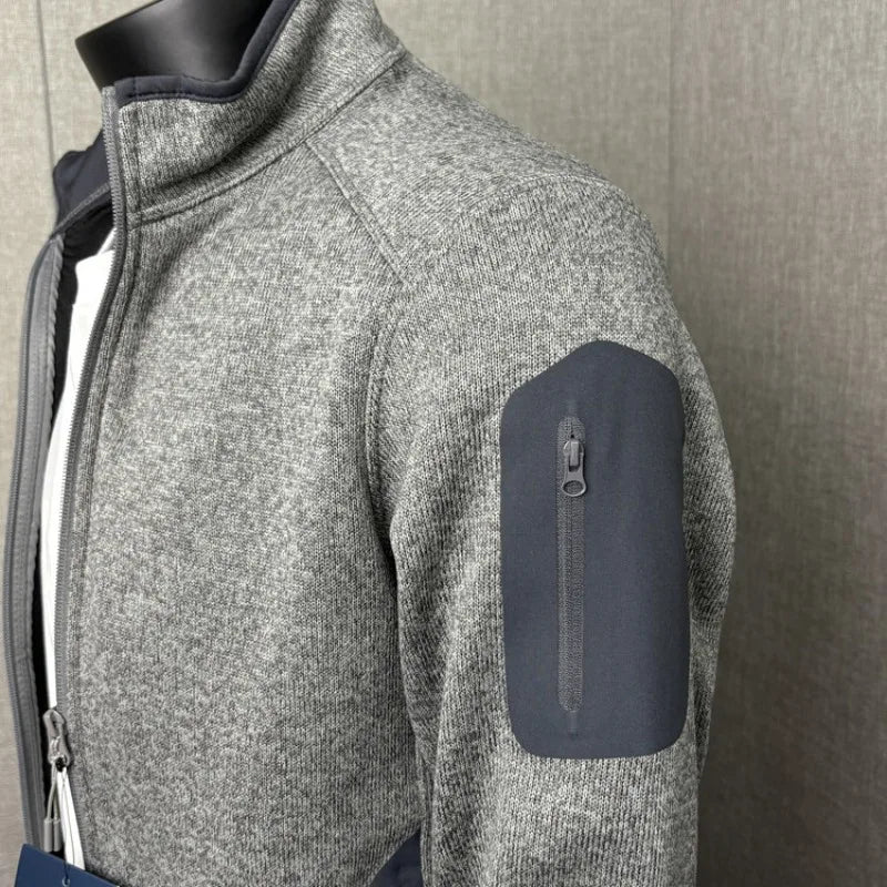 Outdoor Thermal Jacket - 3D Tailored Knit Cardigan with Fleece-Lined Windproof Stand Collar, Reversible Dual-Purpose Wear