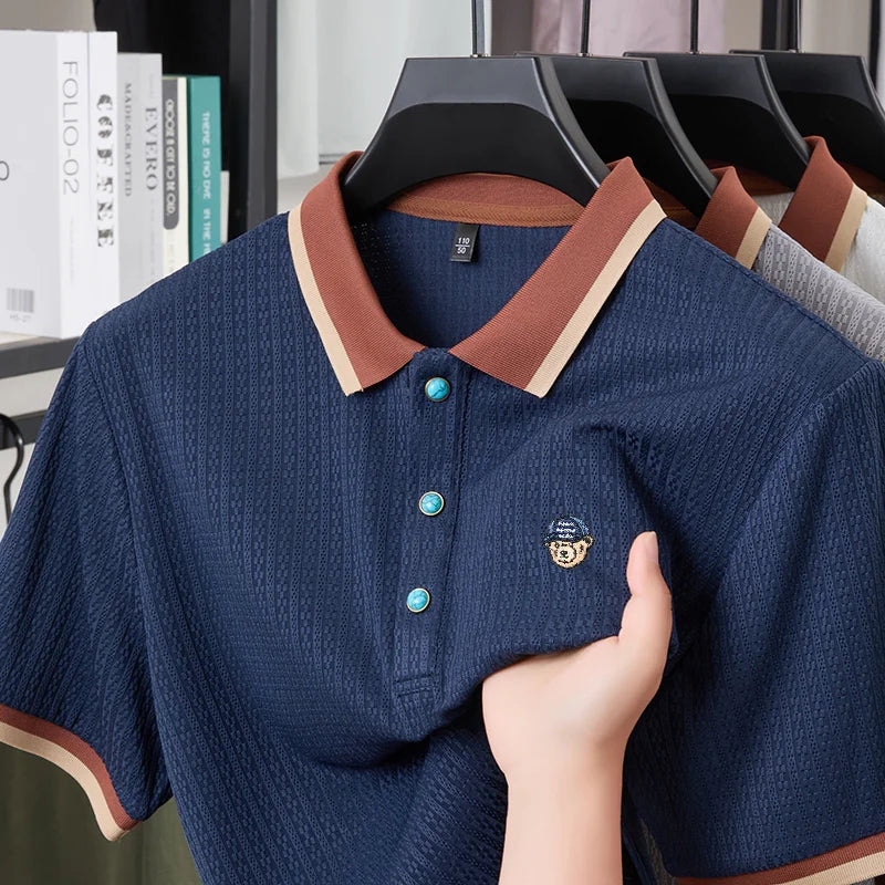 High Quality Man Short-Sleeved Polo Shirt Lapel Button Bear Embroidery British Style T-Shirt Casual Fashion Minimalist Men'sWear