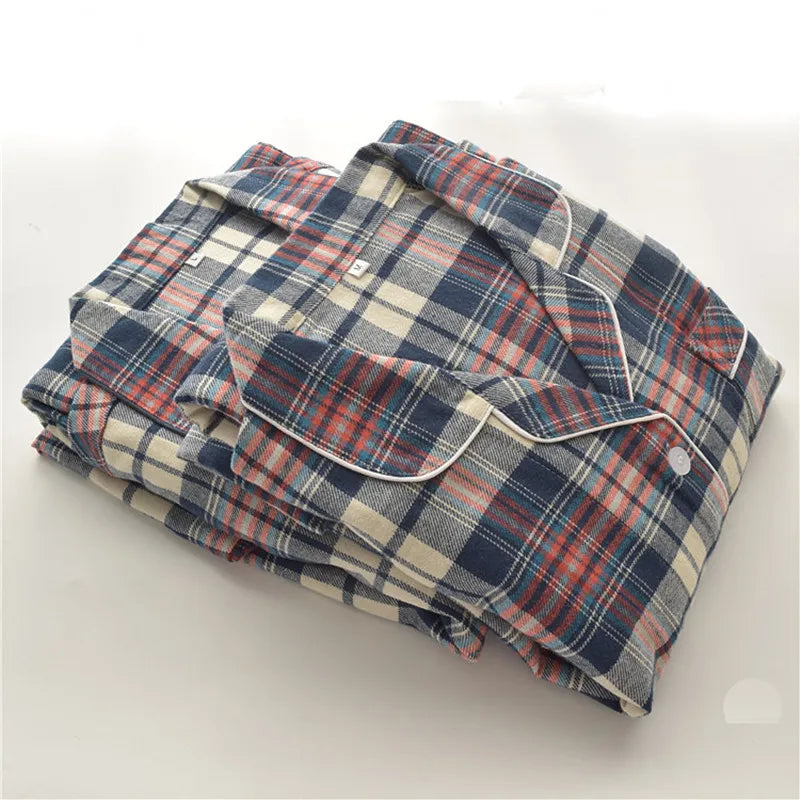Spring Autumn Men's 100% Cotton Pajamas Suit Leisure Plaid Lapel Long Sleeve Home Clothes Women Sleepwear Set Pijamas De Mujer