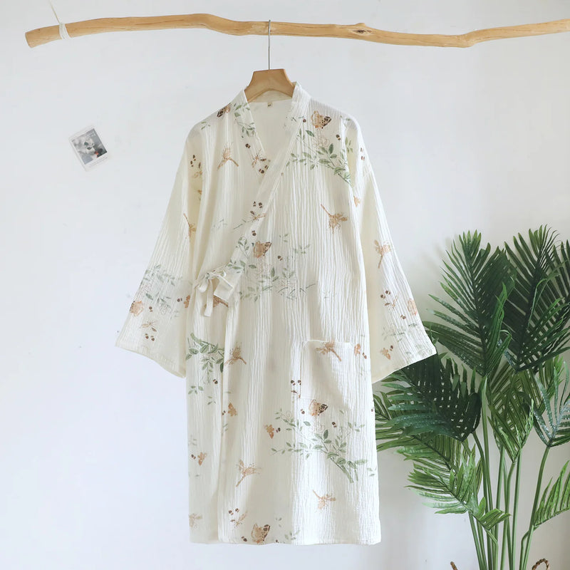Kimono Robes Floral Dressing Gown Sleepwear Spring Autumn New 100% Cotton Long Sleeve Women's Bathrobe Nightie Pyjama Female