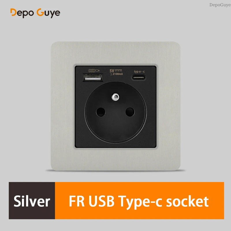 Retro EU French Standard Metal Double USB Wall Power Socket,Brushed Stainless Steel Antique Outlet with Type-c Usb Charing Port