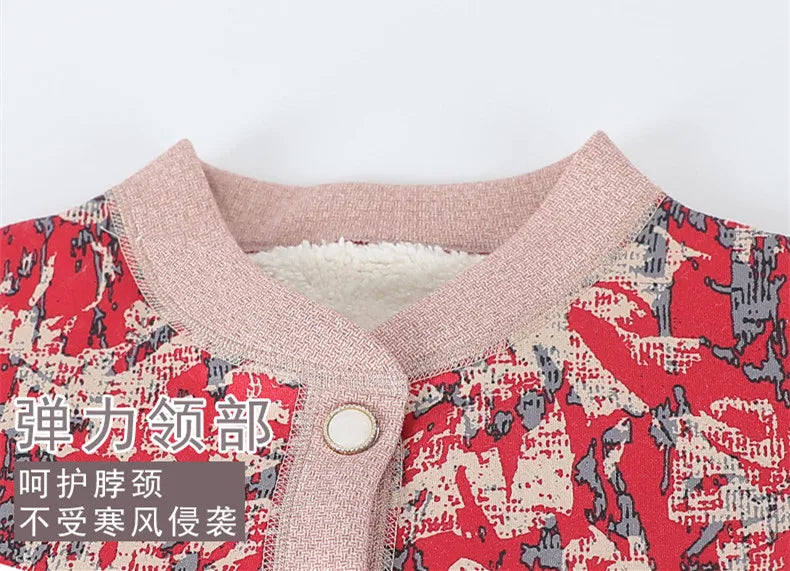Grandma Clothing Printed Add Velvet Warm Cardigan Jacket Thicken Fleece Hot Sweater For Woman Buttons Knitwear Women Coat