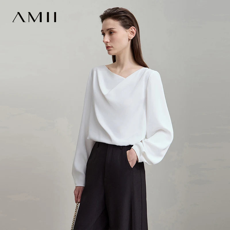 AMII 2026 Autumn Women Blouse Minimalism Solid Loose Simple Gentle Breeze Long-sleeve Office Lady Shirts Female Tops 12543062