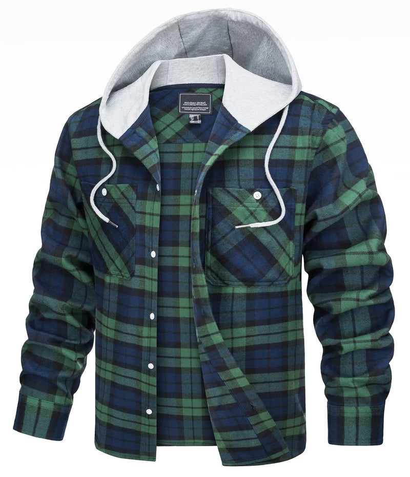 TACVASEN Men's Flannel Long Sleeve Hoodie Plaid Shirts Lightweight Cotton Button Down Casual Shirts with Pocket 2026 New Fashion