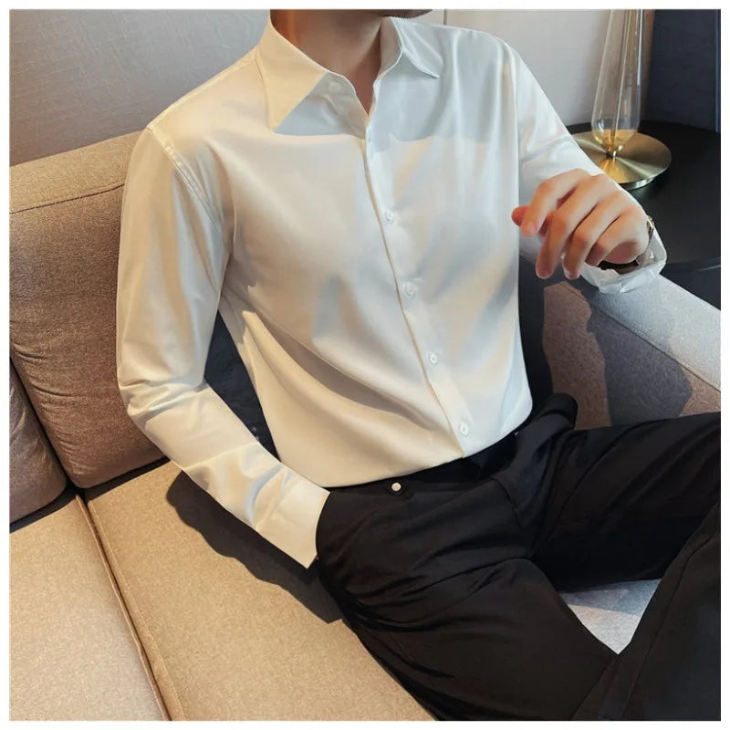 Men's Bamboo Fiber Hidden Placket Shirt Breathable Long Sleeve Button-Down for Business & Casual Wear