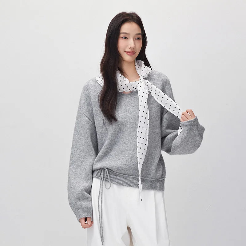 Semir Women Knit Sweater V Neck Drop Shoulder Balloon Sleeve Wool Blend Versatile Relaxed Fit 2026 New Winter Daily Wear