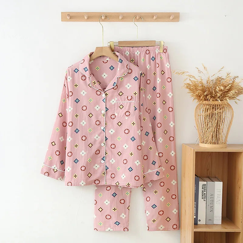 Lapel Collar Long Sleeve Sleepwear Set Spring Autumn 100% Cotton Gauze Women's Nightwear Room Wear Pajamas Loose Home Clothes