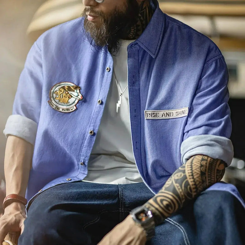 Maden Men's Casual Oxford Long Sleeve Shirt Navajo Embroidered Badge Cotton Blouse Blue Lightweight Layered Tops for Spring Fall