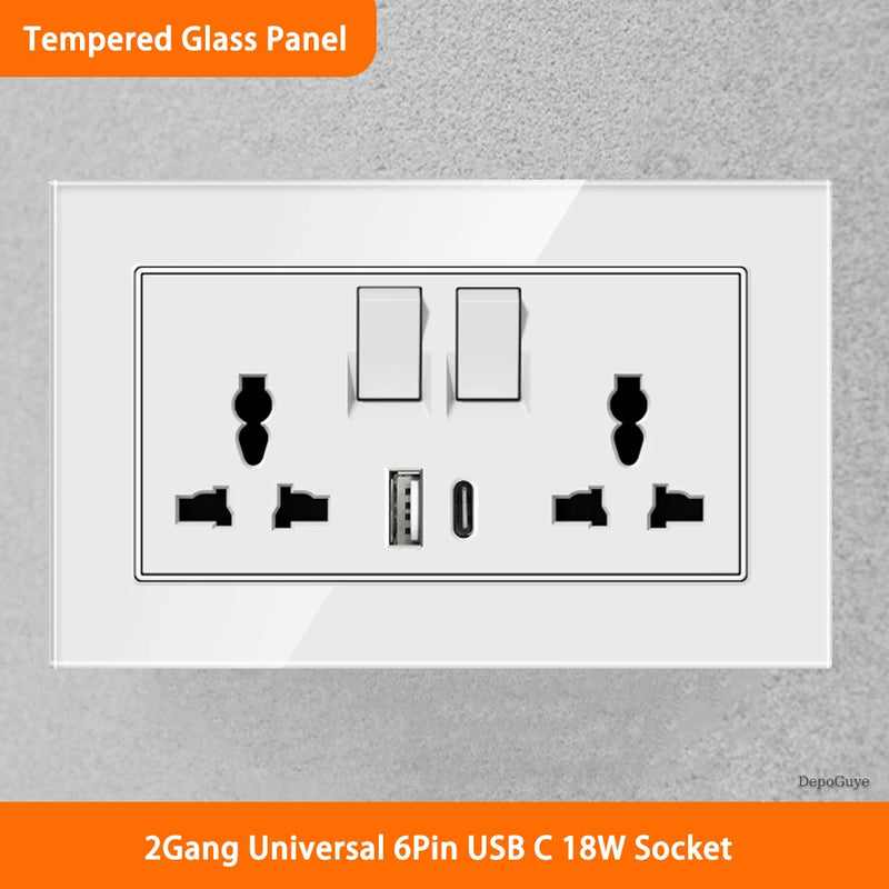 White Universal UK 13A Socket with USB Type-C 18W Fast Charging Wall Socket,Tempered Glass Button Light Switch,Dual 3pin Socket