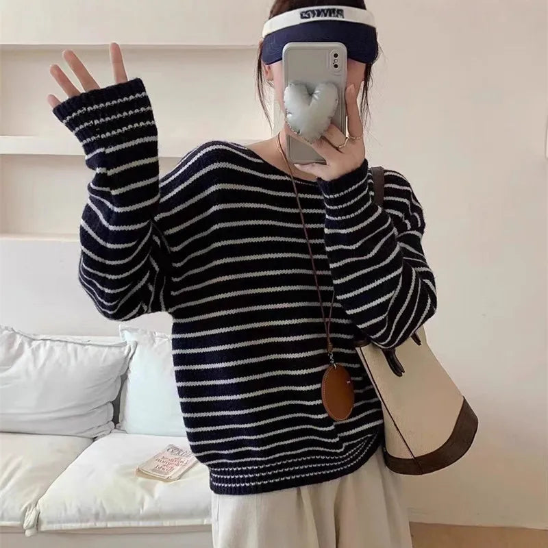 Fashion Striped Knitting Pullover Woman Clothes Round Neck Long Sleeve Knitwear Tops Spring Autumn Woolen Women's Sweater