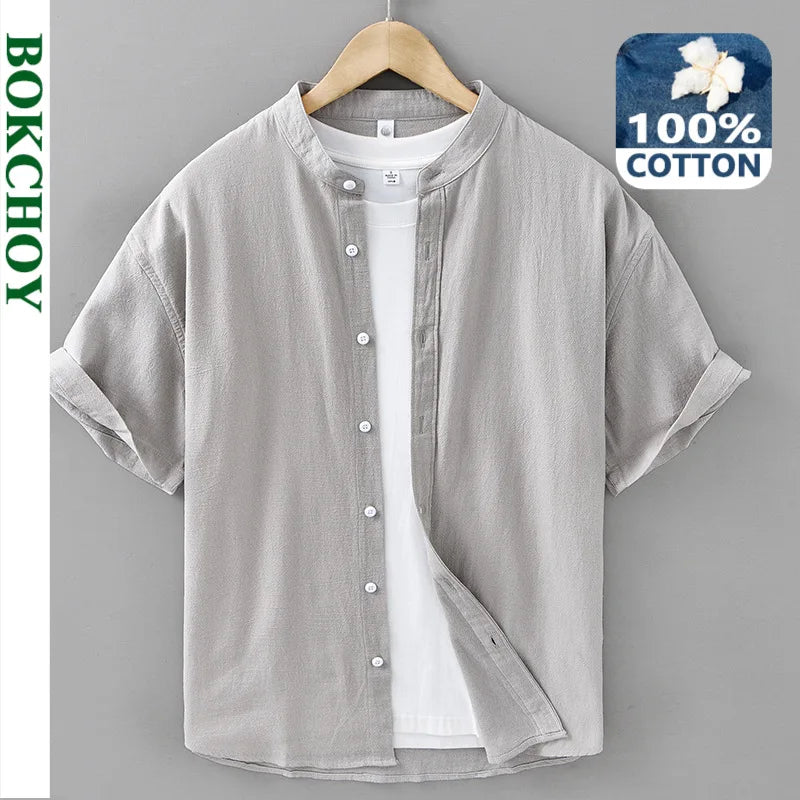 Summer New Casual Pure Cotton Short Sleeve Shirt for Men Clothing Sand Collar Solid Color Shirts DC922