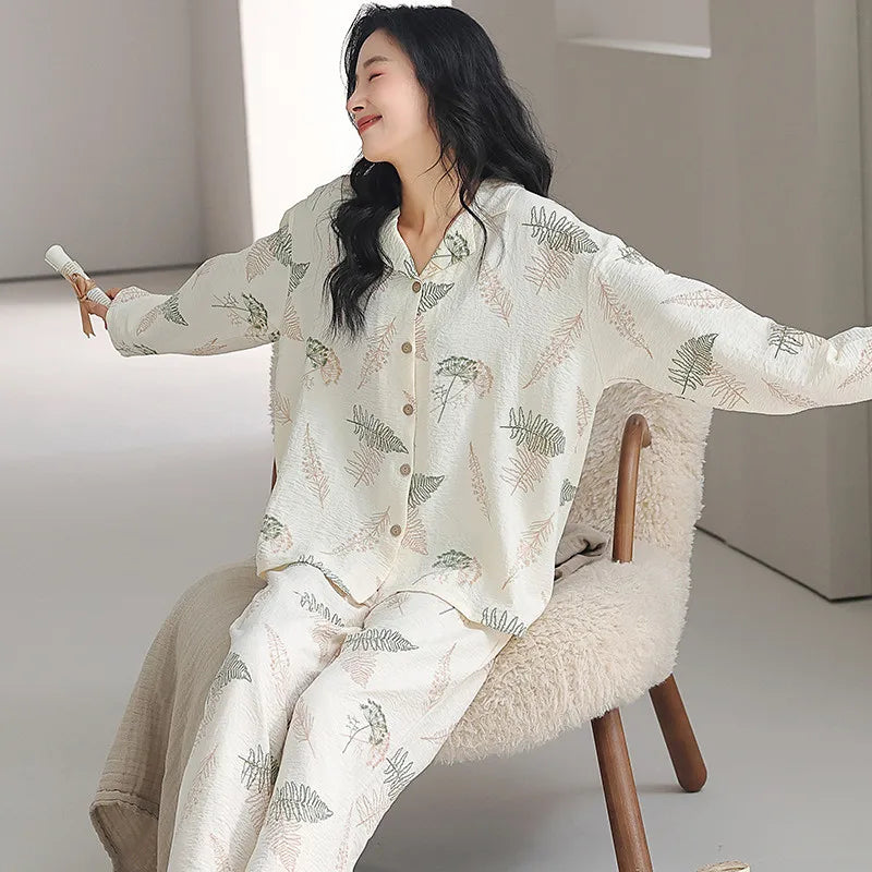 Pajama Woman Winter Cotton Spring Autumn Home Clothes Lapel Shirt Pant Suit Casual Printed Sleepwear Set New Pyjamas Femme