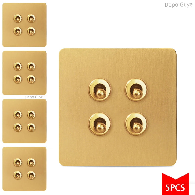 5/10 PCS Gold Wall Light Toggle Switch Vintage Brass Lever Stainless Steel Panel Vintage Brass Lever For Home Improvement