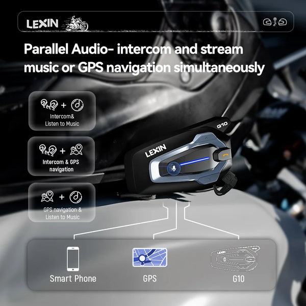 NEW-LEXIN G10 Motorcycle Helmet Intercom, 8 Riders Dual Qualcomm Bluetooth 5.1 Intercom, Parallel Audio- Intercom and Stream Mus