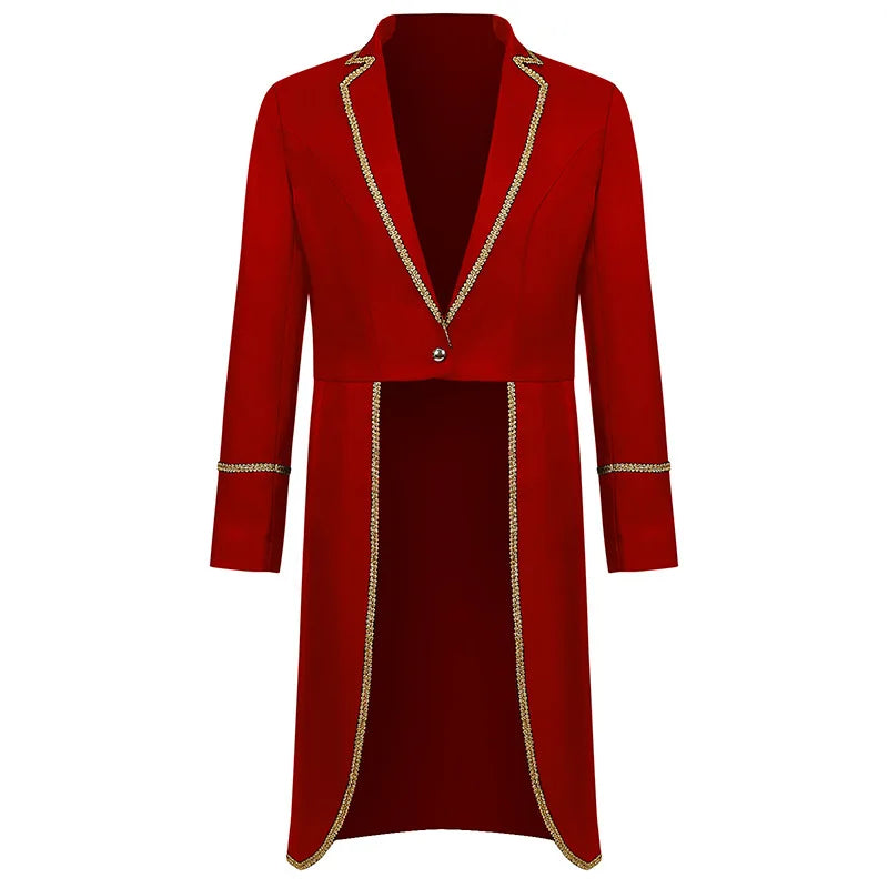 2026 Medieval Style Thin Men's Retro Mid-Length Punk Coat with Gold Trim Trench for Halloween Cosplay in Red Green Purple Jacket