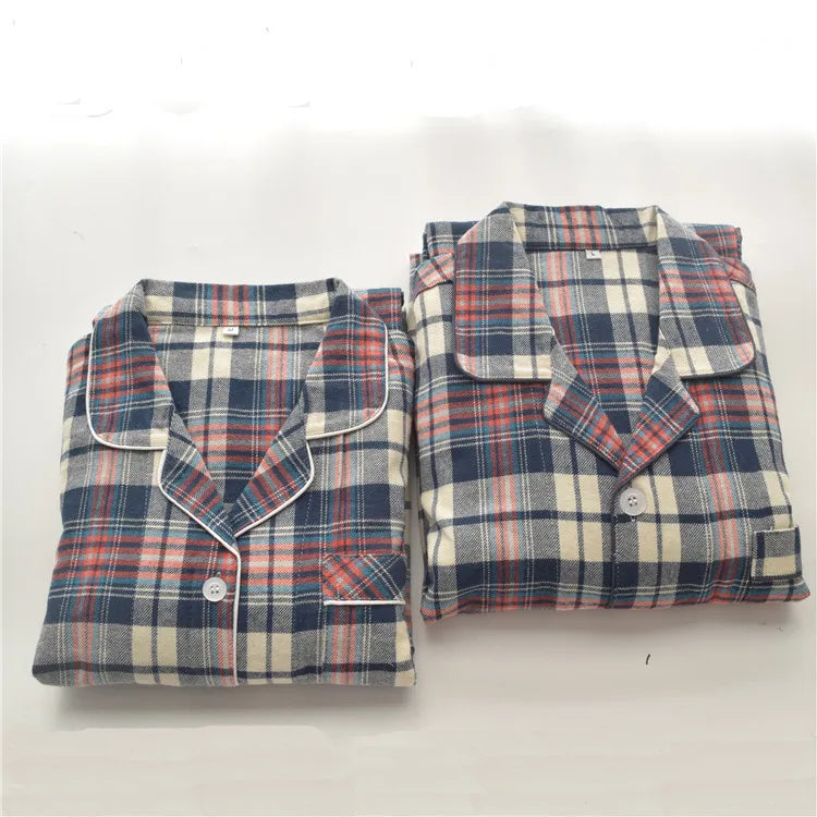 Spring Autumn Men's 100% Cotton Pajamas Suit Leisure Plaid Lapel Long Sleeve Home Clothes Women Sleepwear Set Pijamas De Mujer