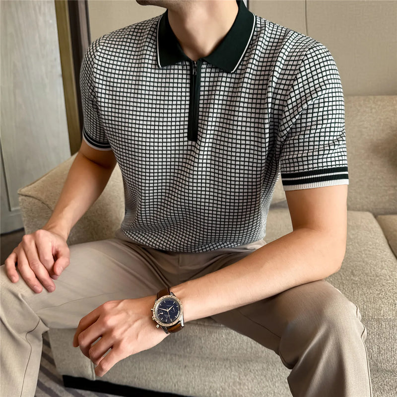 Men's Summer Slim Fit Knitted Polo Shirt - Mature Style Short Sleeve Grid Pattern Business Casual Top with Contrast Collar