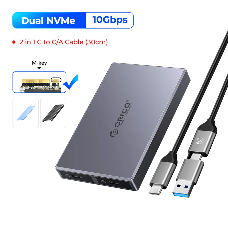 ORICO Dual Bay Aluminum M2 NVMe SSD Enclosure USB3.1 Gen2 10Gbps For M Key M&B Key NVMe PCIe SSD With Built-in Cooling Vest