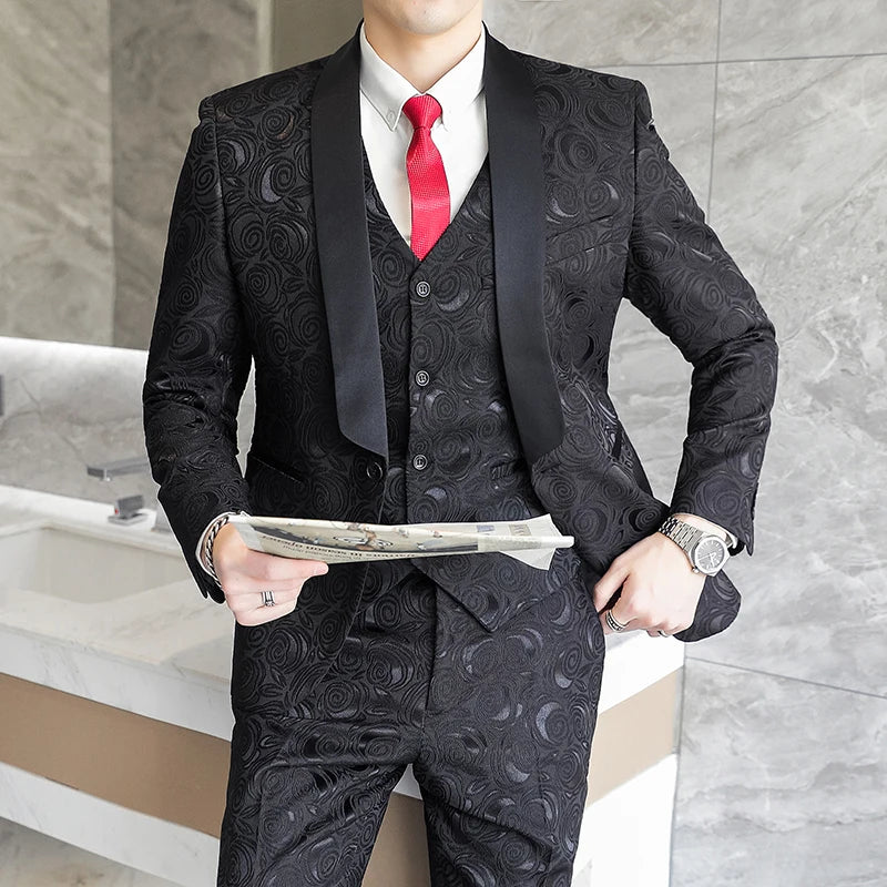 Luxury Men's Black Rose Pattern Suit 3-Piece, White Wedding Party Dress Jacket and Vest with Trousers, Asian Size M-6XL.