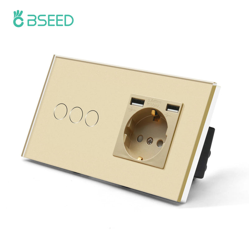 BSEED EU Wall Sockets Single Power Outlet Double Glass Frame USB Type-C Charge Ports Triple Socket Plugs Kids Protection 16A