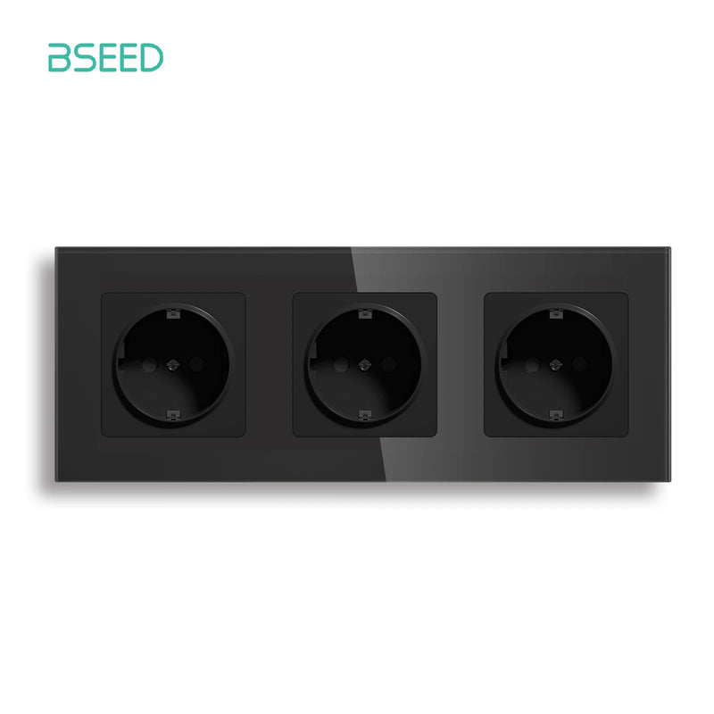 BSEED EU Power Socket Electrical Outlets Triple Power Plugs Crystal Glass Panel 16A European Standard Wall Socket 86*86mm