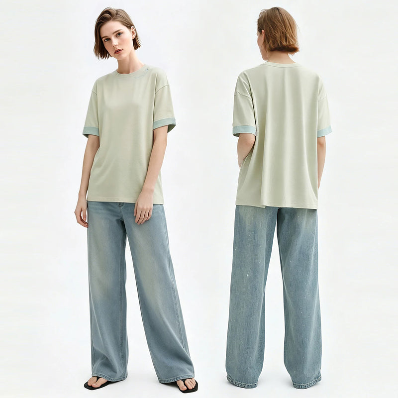 Amii Women's T-Shirt 2026 Summer New O-Neck Letter Embroidered Color Block Tee Loose Versatile Casual Women T Shirts 12642022