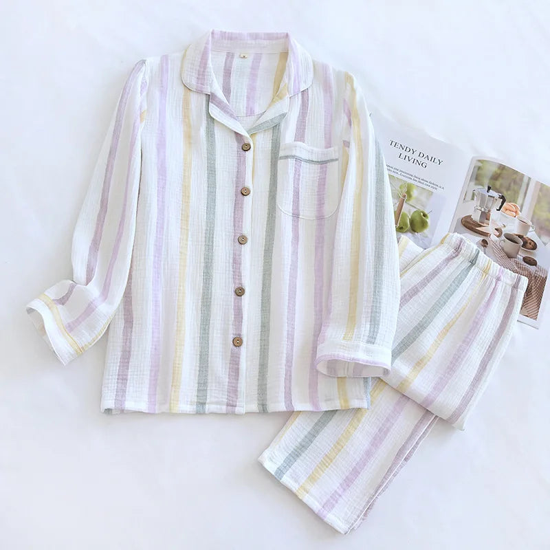 2026 Spring and Autumn Women's Pajama Set 100% Cotton Crepe Long sleeved Pants Two piece Cute and Sweet Ladies Home Fury Set