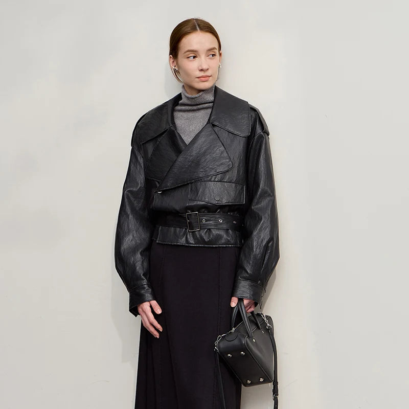 AMII Down Jacket Woman 2026 Winter New PU Leather Lapel Long Sleeves Simple Top Woman Loose With Belt Short Down Coats 12544080
