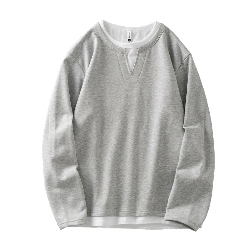 DUKEEN Men's 2-In-1 Pullover Sweatshirt 2025 Spring and Autumn New Fashion Loose Crew-Neck Long Sleeve T Shirts for Men